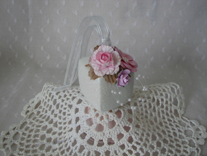 Square Glass Aqua Gift Box Ornament Hand Painted Pink White Roses Glitter Pearls