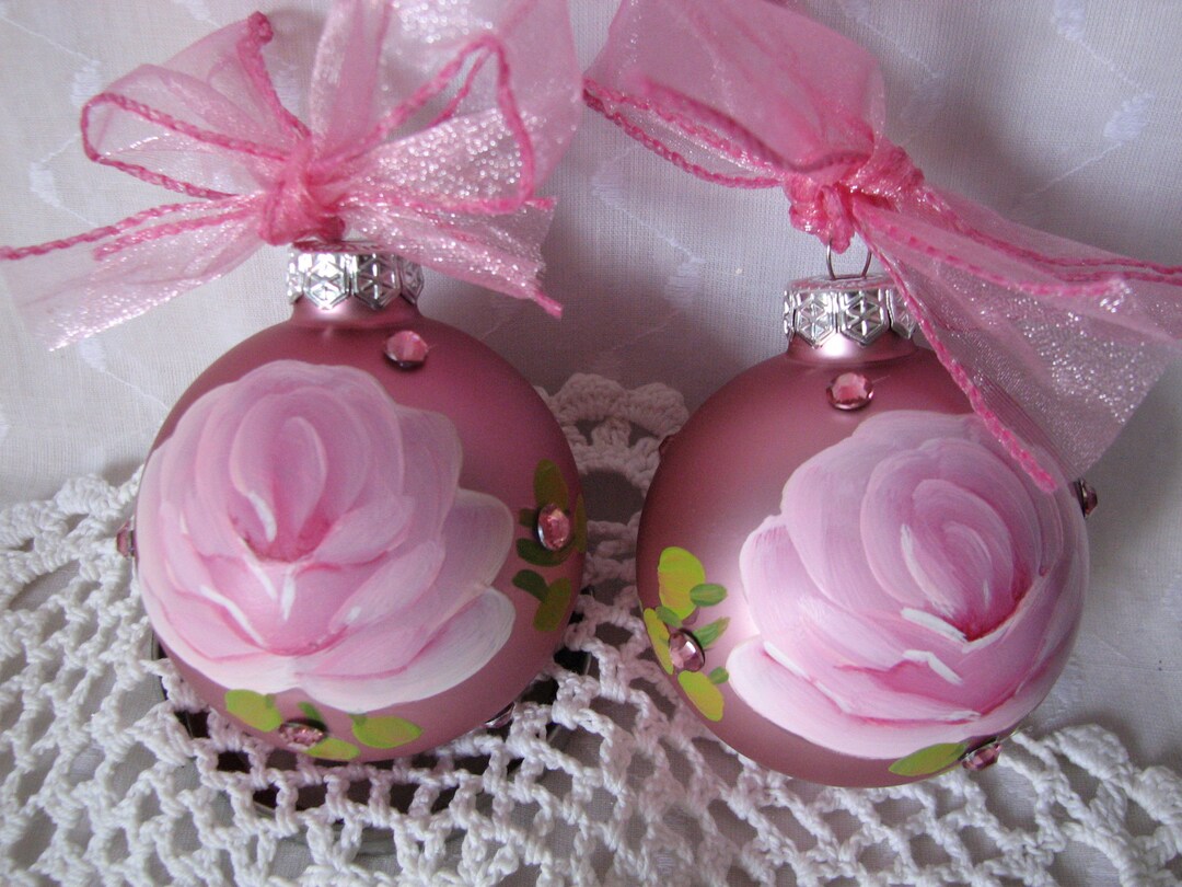 Metallic Pink Glass Ball Ornaments Hand Painted Pink Roses Etsy
