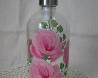 Glass Lotion Soap Dispenser Pump Hand Painted Pink Roses