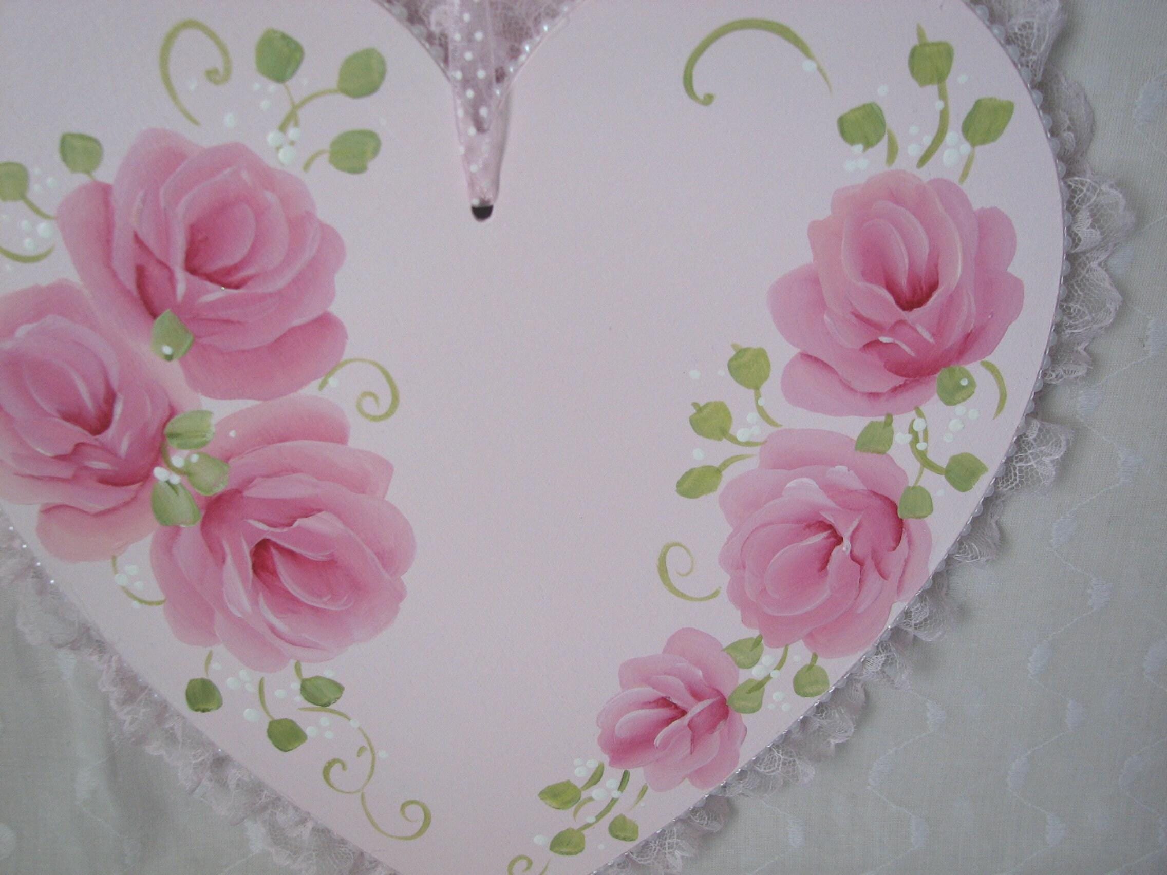 Heart Pink Roses Pearls Lace Wall Decor Hand Painted Wood Plaque - Etsy