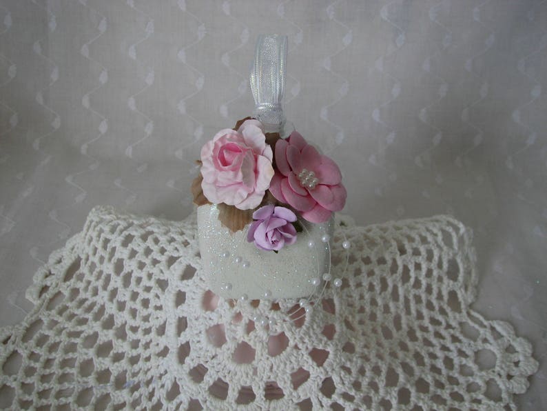 Square Glass Aqua Gift Box Ornament Hand Painted Pink White Roses Glitter Pearls