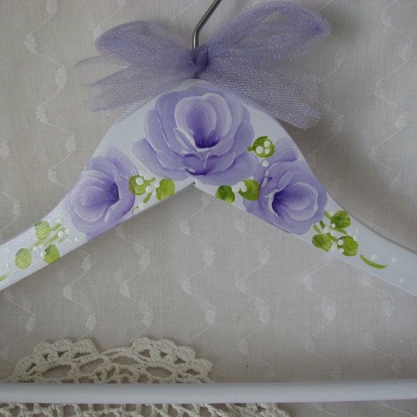 Clothes Hanger Lilac Hand Painted Purple Roses Adult Size Dress Wedding Hanger Lavender