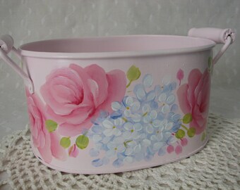 Oval Tin Tub container Hand Painted Pink Roses Blue hydrangeas Cottage Chic Home Decor