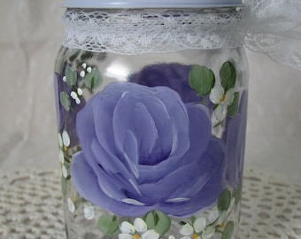 Glass Storage Mason Jar with Lid Hand Painted Lilac Purple Roses