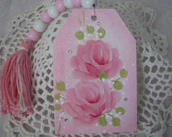 Pink Roses Wood Tag Bead Tassel Hand Painted Tiered Tray Table Accent Home decor cottage chic