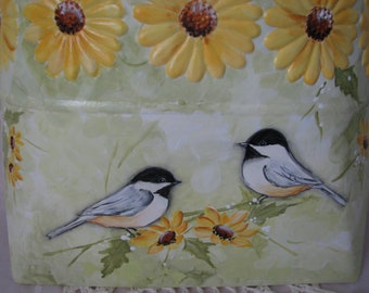 Chickadees Yellow Daisies Tin wall pocket Hand Painted Metal Home Wall Decor