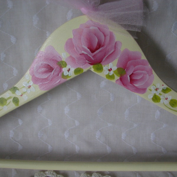Clothes Hanger Soft Yellow Hand Painted Pink Roses Adult Size Dress Wedding Hanger