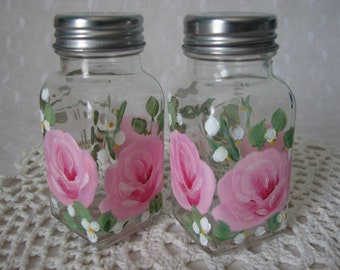 Salt Pepper Shakers Hand Painted Pink Roses Kitchen Home Decor