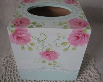 Pink Roses, Lace Tissue Box Cover Holder Aqua Blue Hand Painted Wood Home Decor Shabby Cottage Chic