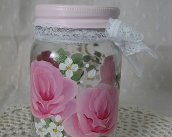 Pink Roses Mason Jar with Lid Hand Painted Glass Storage