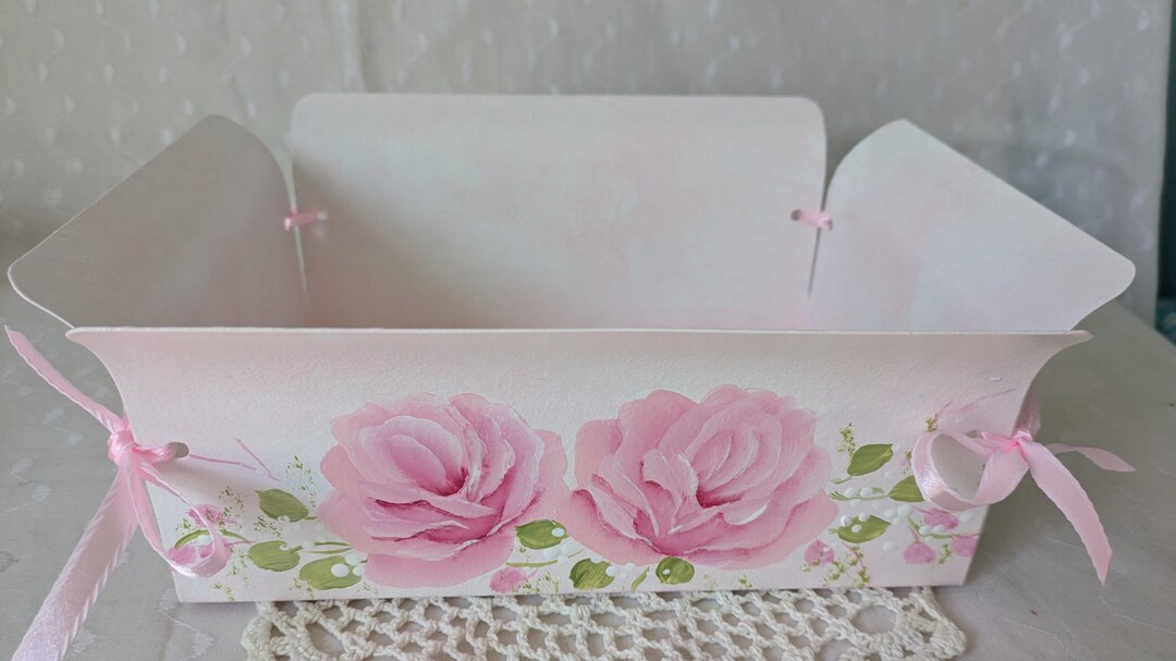 Hand-painted Metal Tote With Pink Roses – Shabby Chic Storage Container ...