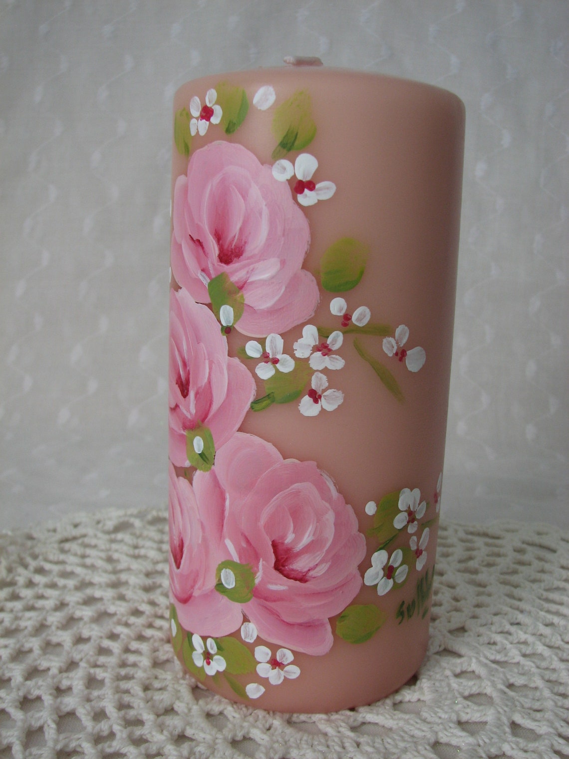 Pink Pillar Candle Hand Painted Roses Unscented - Etsy