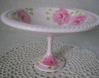 Silverplate Compote Hand Painted Pink Roses Home Decor Pedestal Bowl