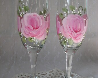 Champagne flute Glasses Hand Painted Cottage Chic Pink Roses Set of 2