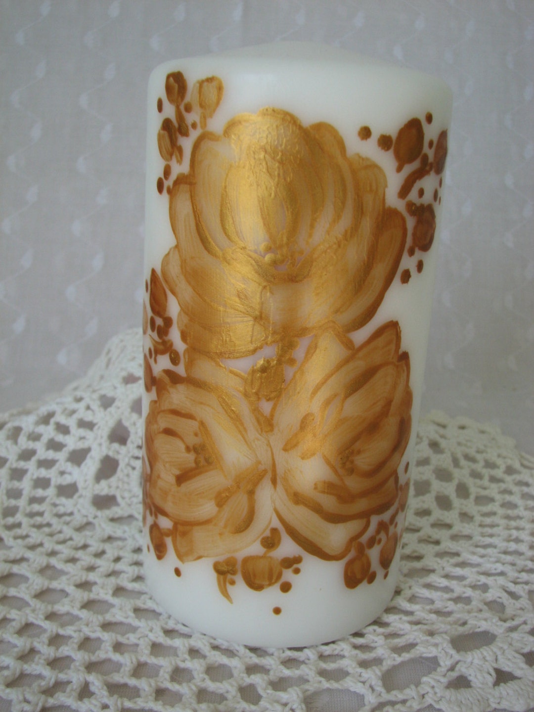 Pillar Candle Hand Painted Gold Roses White Unscented - Etsy
