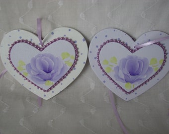 Wood Heart Lilac Ornaments Hand Painted Purple Rose Lavender Pearls Valentines set of 2