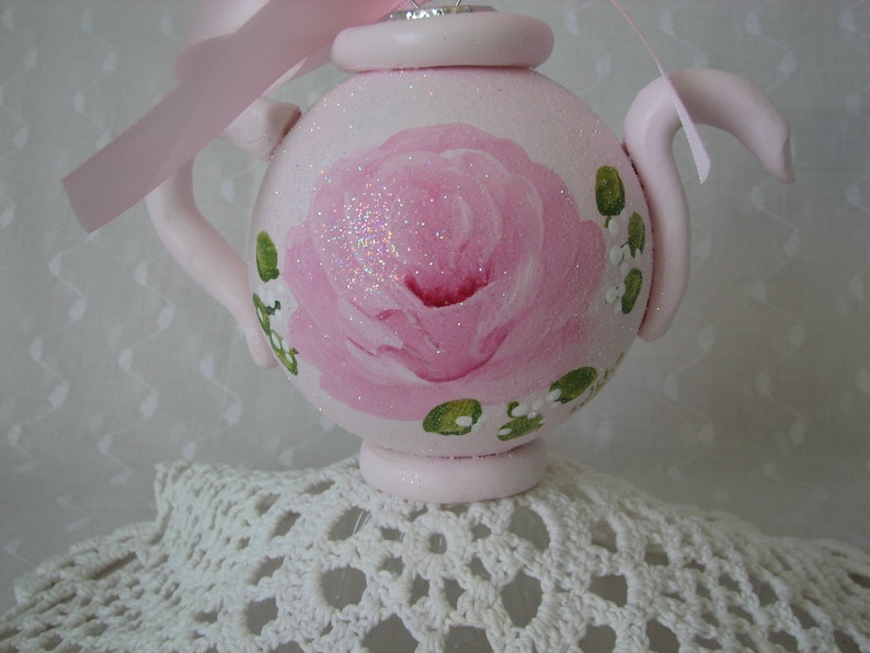 Teapot Ornament Hand Painted Chic Pink Roses Glitter Shabby Christmas