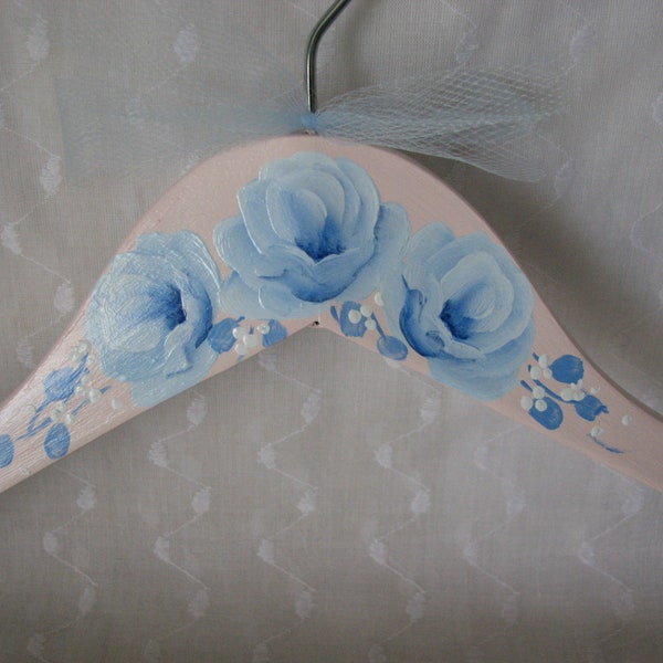 Blush Pink Clothes Hanger Hand Painted Blue Roses Adult Size Dress Wedding Hanger