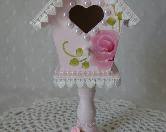 Small Pedestal Birdhouse Hand Painted Pink Roses Pearls Heart Lace Cottage Chic Home Decor