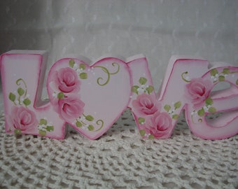 Love Valentine Sign Hand Painted Pink Roses Home Table Decor Free standing