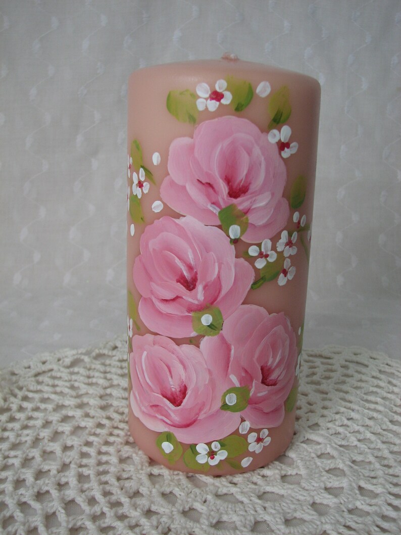 Pink Pillar Candle Hand Painted Roses Unscented - Etsy