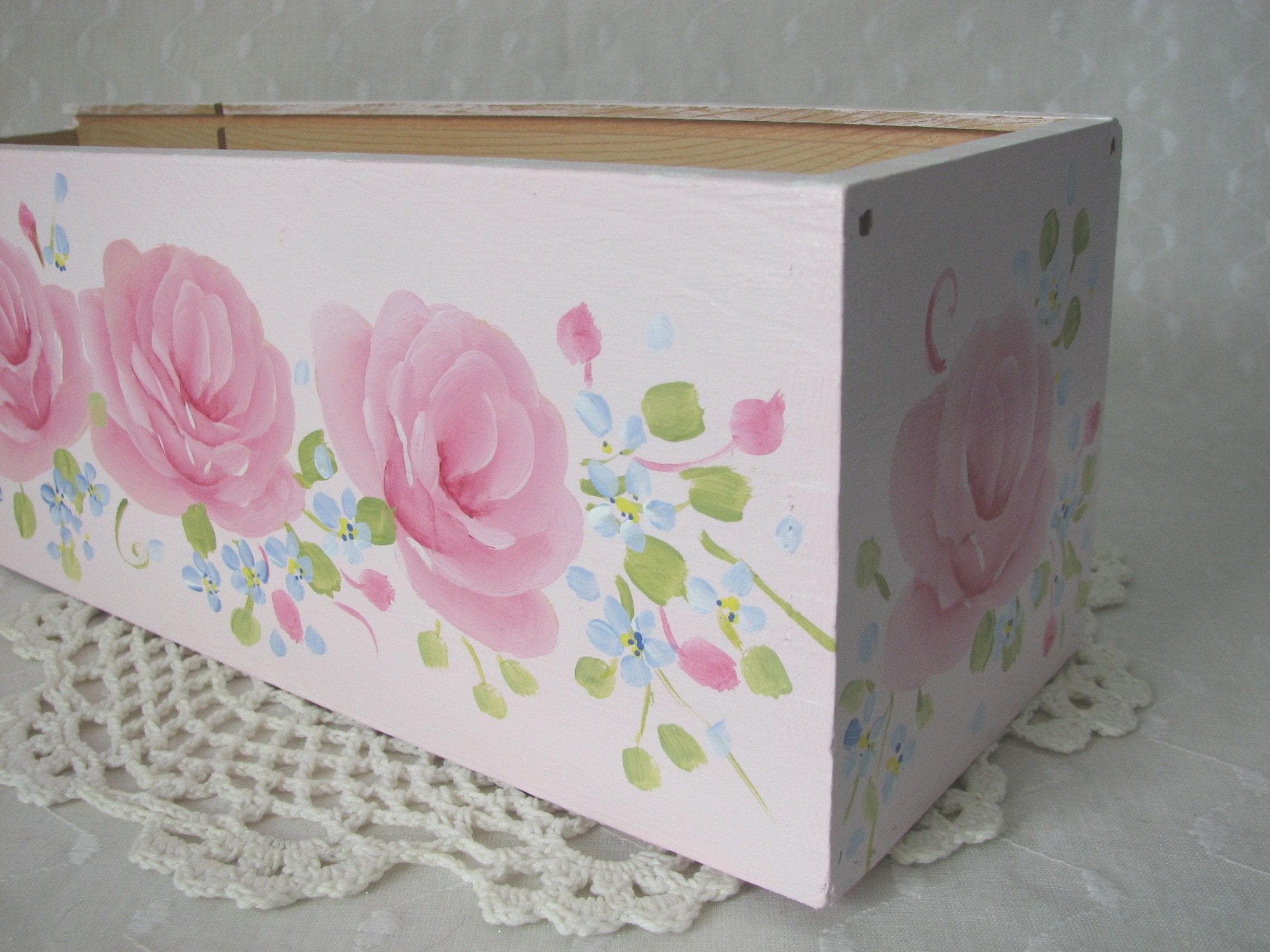 Wood Tote Hand Painted Pink Roses Cottage Chic Home Decor Storage Box ...