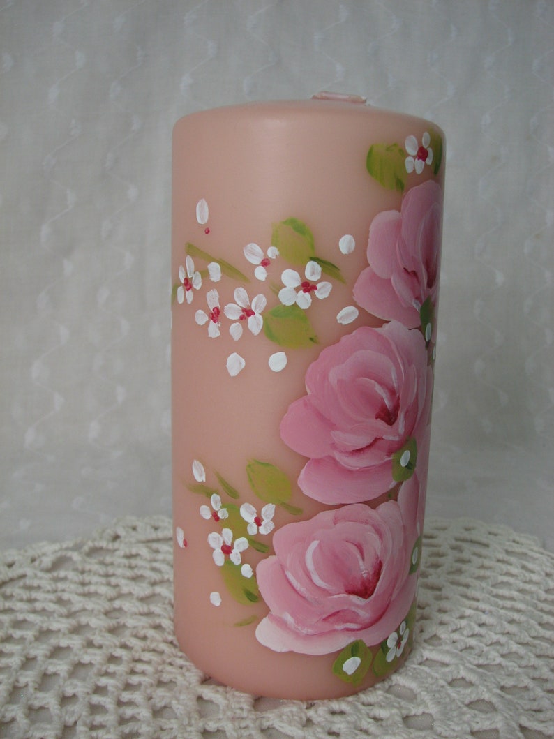 Pink Pillar Candle Hand Painted Roses Unscented - Etsy