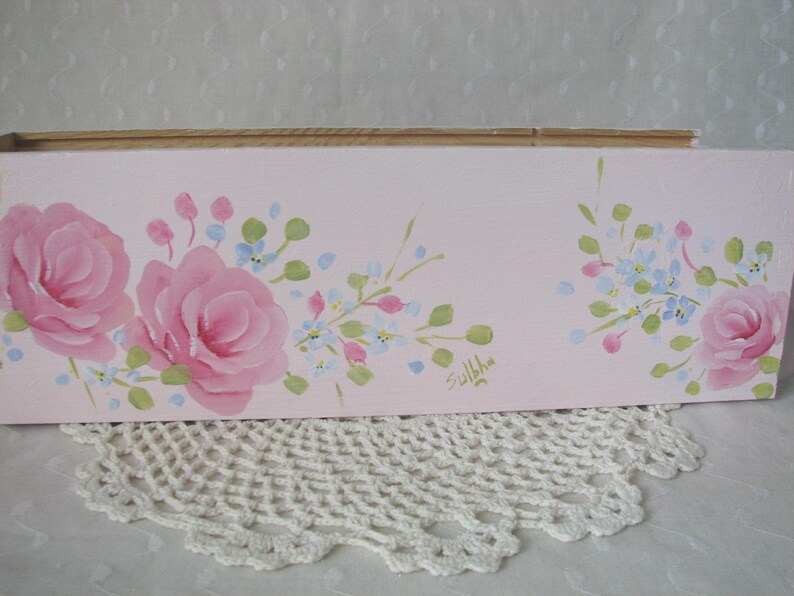 Wood Tote Hand Painted Pink Roses Cottage Chic Home Decor Storage Box ...