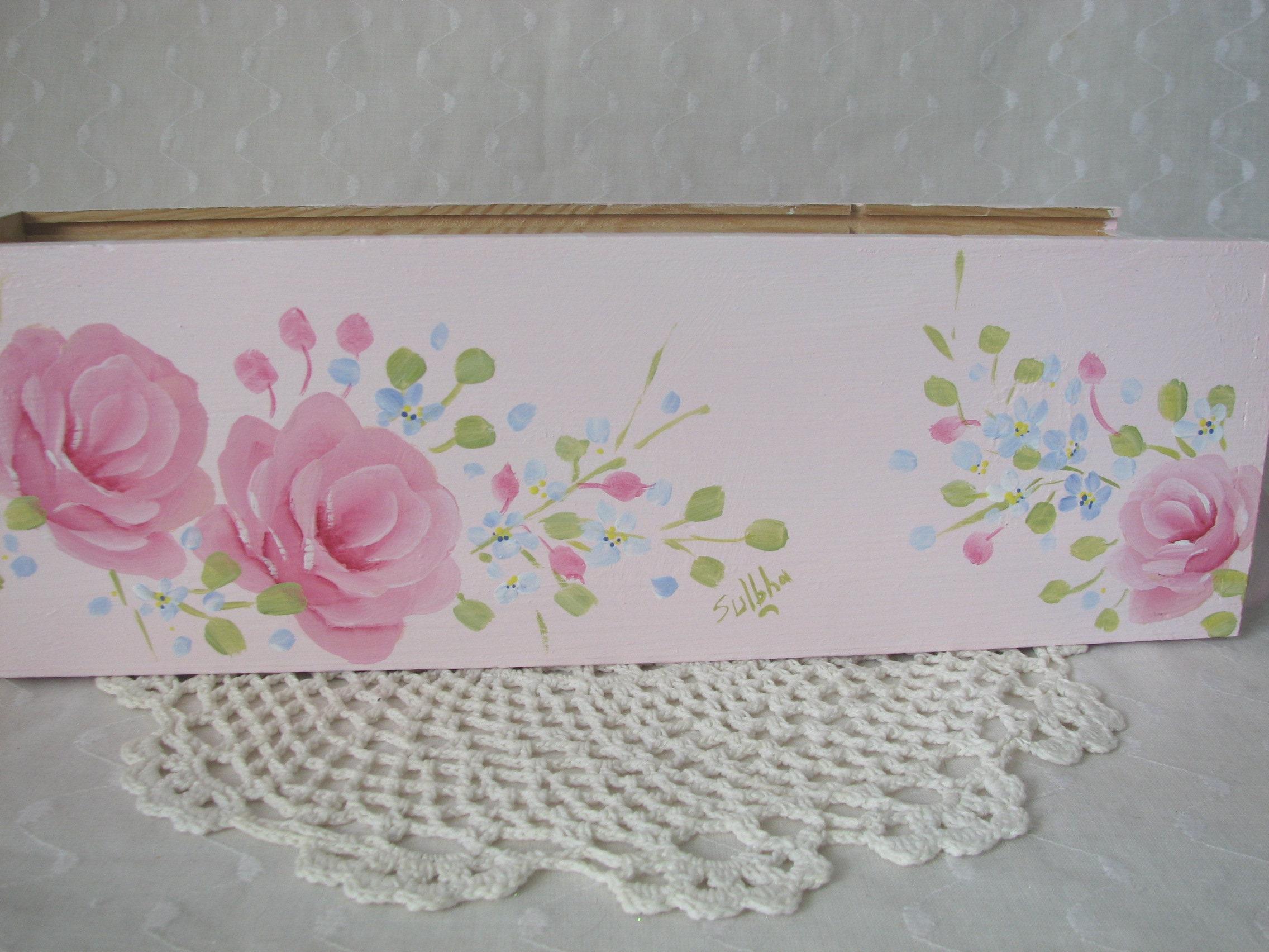 Wood Tote Hand Painted Pink Roses Cottage Chic Home Decor Storage Box ...