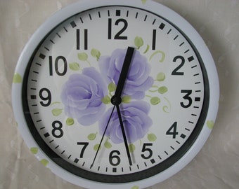 Wall Clock Hand Painted Lilac Purple Roses Lavender Home Wall Decor