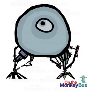 May include: A cartoon illustration of a light blue, oval-shaped character with a large eye and black outline. The character has mechanical legs and arms, with the text "On the MonkeyBus" in the bottom right corner.