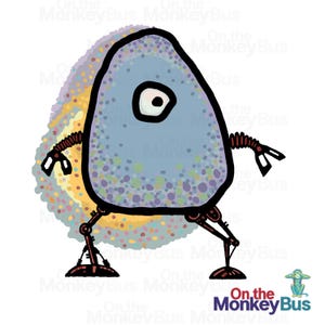 May include: A cartoon illustration of a blue, one-eyed creature with mechanical arms and legs. The creature has a speckled texture and is set against a colorful, abstract background. The text "On the MonkeyBus" is visible.