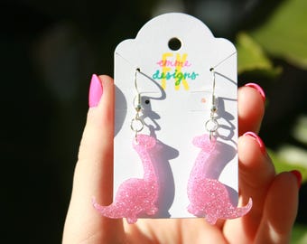 Sparkly Pink Dinosaur Dangle Earrings