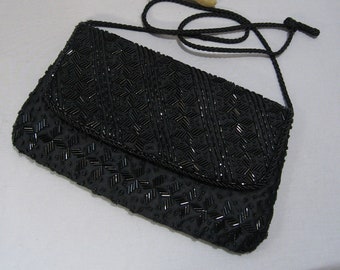 Vintage Black Beaded Purse with a Black Woven Strap