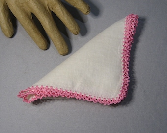 Vintage Ladies Handkerchiefs with Pink Crocheted Trim (H13)