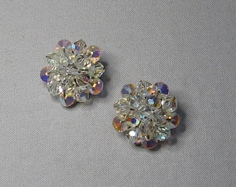 Boucles d'oreilles clip aurore boréale en cristal vintage des années 1950