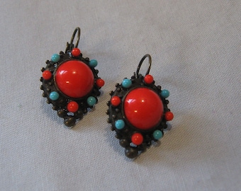 Boucles d'oreilles bombées rouges et turquoise des années 1980