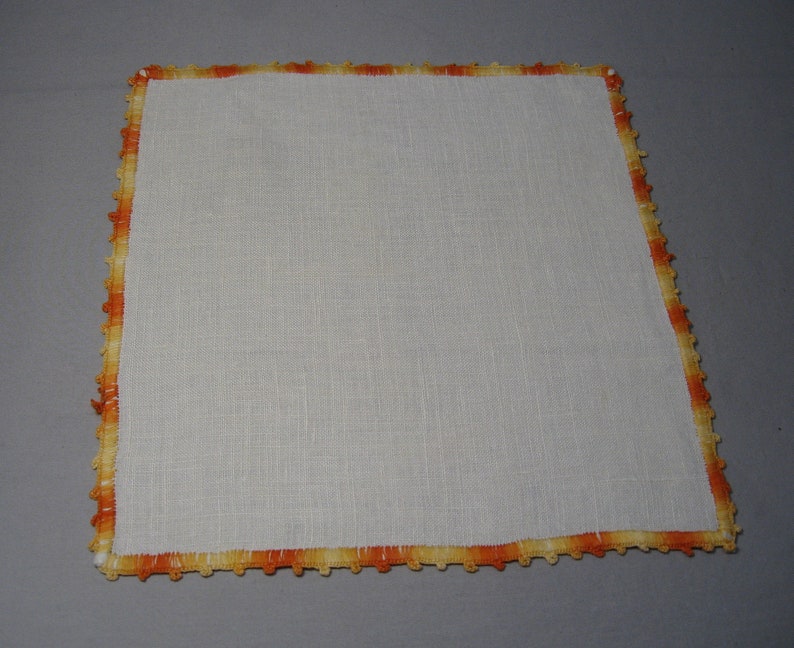 Vintage Ladies Handkerchiefs with Variegated Orange Crocheted Trim H38 image 3