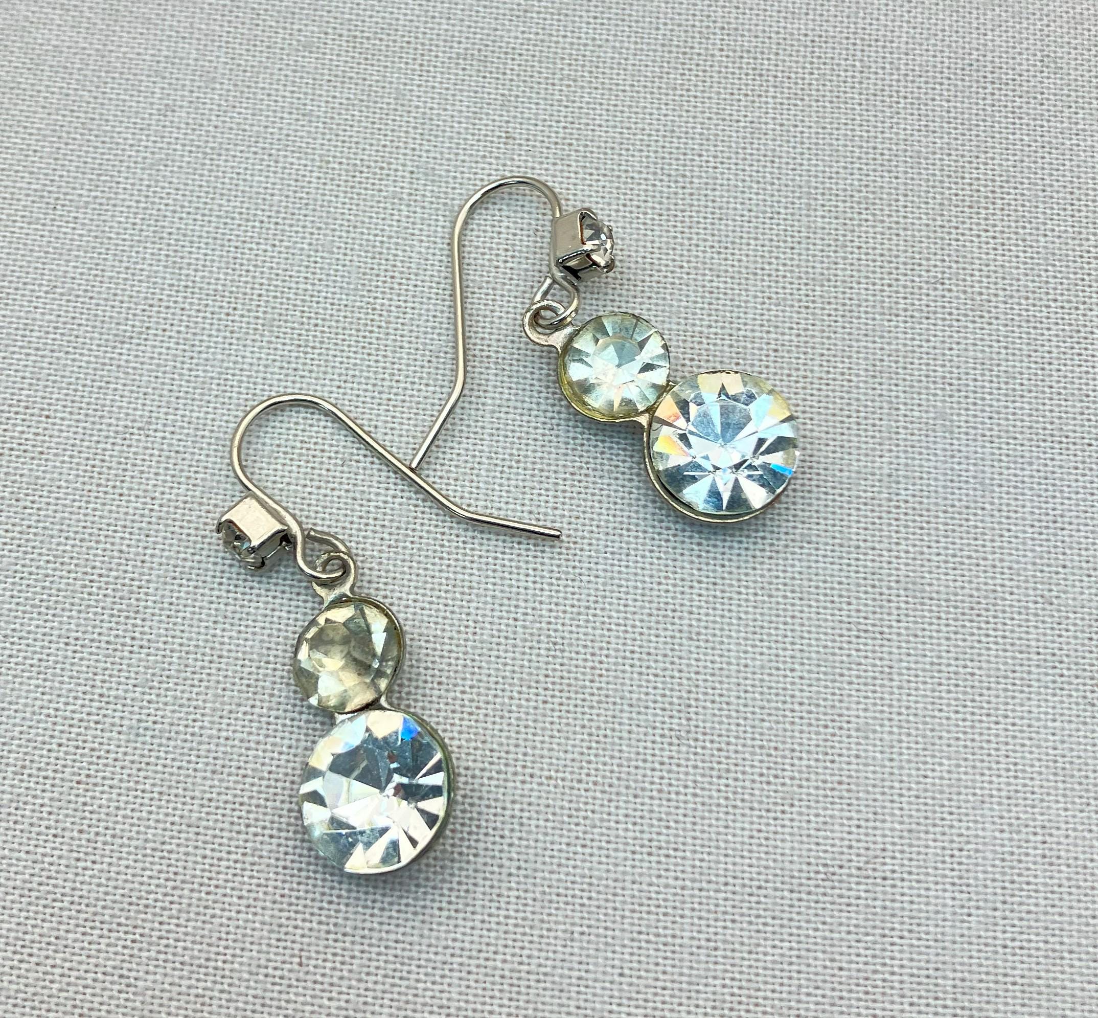 Boucles D'oreilles Pendantes Anciennes – Acier Strass, Fermoir Clips, Argenté