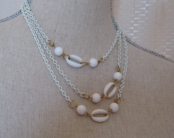 Vintage White Plastic Beads and White Chain Necklace - nice and long