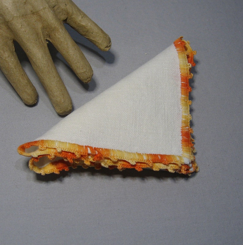 Vintage Ladies Handkerchiefs with Variegated Orange Crocheted Trim H38 image 1