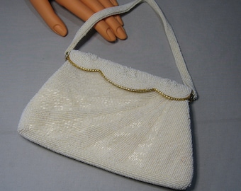 Vintage White Seed and Bugle Bead Purse  - 1950s