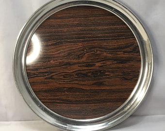 Vintage Woodgrain Formica and Aluminum Serving Tray, Fancy Edge