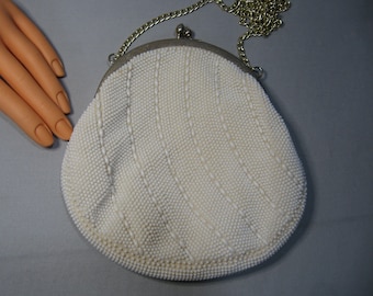 Vintage 1970's White Cloth Purse with White Plastic Beads