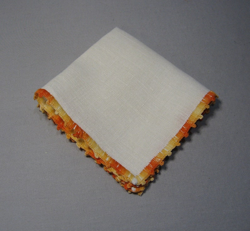 Vintage Ladies Handkerchiefs with Variegated Orange Crocheted Trim H38 image 2