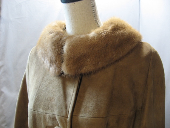 Vintage Suede Coat: Light Brown Mink Collar, Three Quarter Length