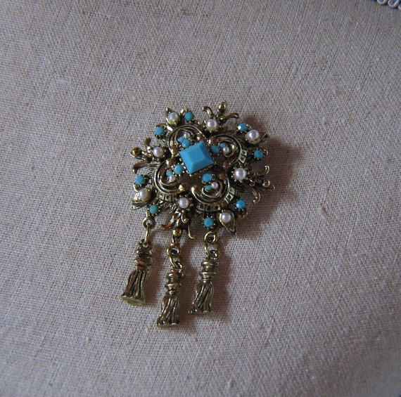 Vintage Gold Tone Brooch with Plastique Turquoise Pearls and Gold Tassels