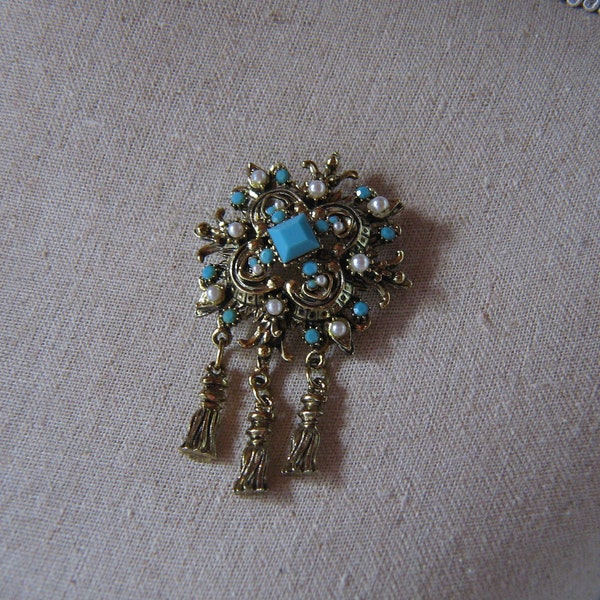 Vintage Gold Tone Brooch with Plastique Turquoise Pearls and Gold Tassels