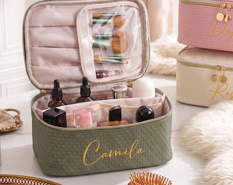 Neceser de gran capacidad, neceser de maquillaje de piel bordada, organizador de maquillaje, regalo para damas de honor, neceser de maquillaje para damas de honor, bolsa de cosméticos