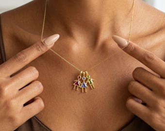 Personalized Kid's Birthstone Pendant Necklace, Triangle Girl Rectangle Boy Charm, Family Bridal Jewelry for Mom